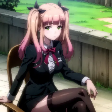 <lora:maria_tomodachi _v1(resize-sv5):1> maria_olis, 1girl, solo, pink hair, hair ribbon, green eyes, neck ribbon, white shirt, black jacket, black skirt, garter straps, thighhighs, looking at viewer, :3, sitting, crossed legs
BREAK
chair