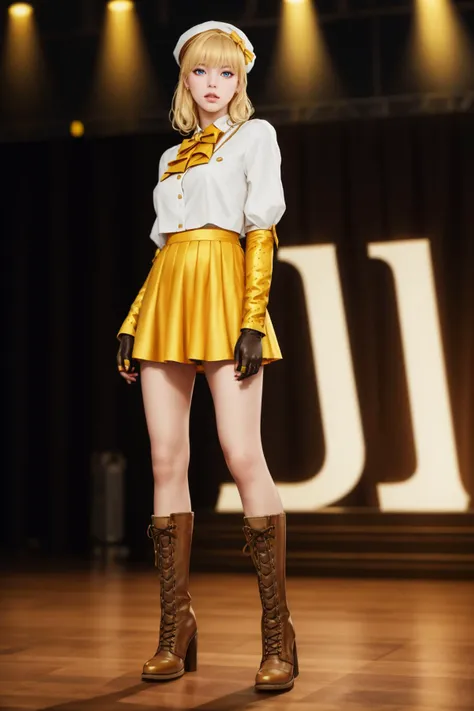 8k,highres,absurdres,masterpiece,best quality,original,extremely detailed CG,extremely detailed wallpaper,perfect lighting,<lyco:GoodHands-beta2:1>,
1girl,solo,blurry_background,looking_at_viewer,standing on the stage,
<lora:CFwangzheyunyouyouQF:0.6> CFwangzheyunyouyouQF,blonde hair,dress,gloves,hat,holster,blue eyes,beret,lips,lace-up boots,short hair,yellow skirt,white shirt,