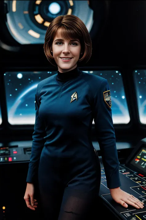 a realistic photograph of beautiful of beautiful 24 year old (T4b1th4:1.1) woman as space captain,wearing blue (Star Trek NG uniform),standing on the command deck of battle cruiser spacecraft,smiling,hair in futuristic hairstyle,looking out into space at a nearby galaxy,posing,portrait,muscular,hourglass body,fashionable,detailed,deep photo,raw photo,film grain,professional photo,vintage instagram LUT,black pants,PA7_Portrait-MS,<lora:T4b1th4_05A-000002:0.9>,