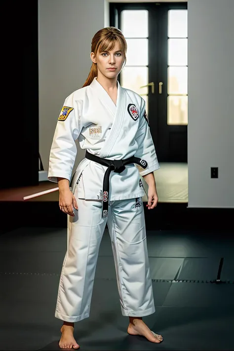 ((mejor calidad)), ((obra maestra)), (detallado), cara perfecta,dos mujeres pelean en el suelo en un partido de judo en primer plano. Una es una mujer africana vestida con judogi azul y la otra es una mujer blanca rubia vestida con judogi blanco..