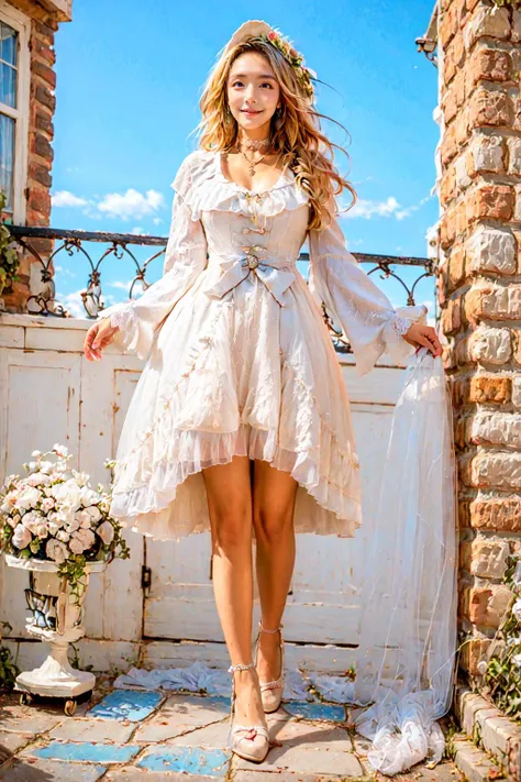 <lora:ãNO.2ã****ta Dress Betty æ´ä¸½å¡è£ ååçè´è v3:0.71>, (whdbd,white dress,jewelry,necklace,bonnet,long sleeves,bow,lace trim,lace,frills,black pantyhose, very long hairs, (multicolor blonde pink hairs), aqua eyes):1.22,
BREAK ((1woman, young woman, adorable, clear face, young face, solo)), (((full body))):1.35, ((milky skin, curvy body, slender body, idol vibe, woman hands)), ((noble smile, elegance walking posture)):1.15,
BREAK soft light, cinematic lighting, detailed(shadow, glow),
BREAK <lora:add_detail:0.45>, extremely detailed, ,4K, CG, finely detailed, (masterpiece, best quality):2.0, ((photorealistic:1.15)),
BREAK <lora:uber_saggy2:0.68>, saggy, sagging_breasts, <lora:Big_boobs:1> ,((huge breasts)), <lora:GoodHands-vanilla:0.75>,
((flowers, spring, wind, elegance castle, balcony, (from below)))