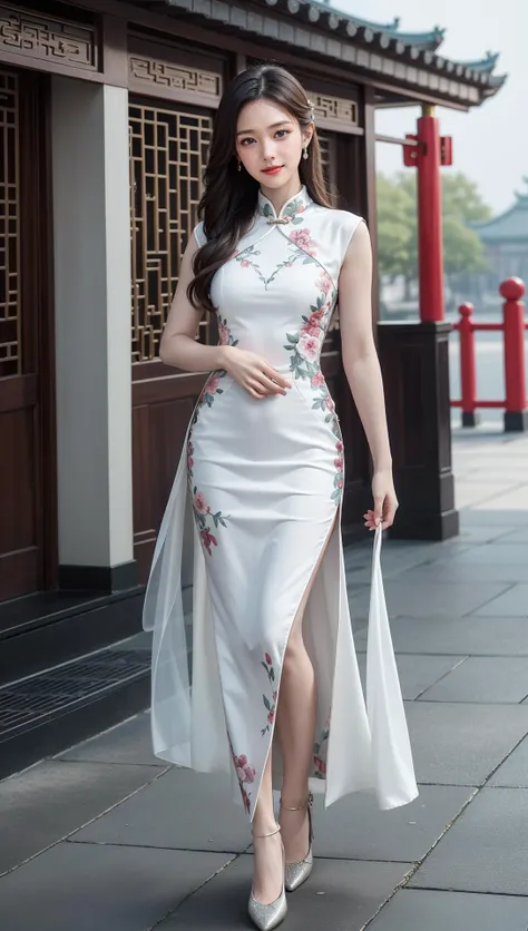 (Realistic:1.5),(raw photo:1.2),(photorealistic:1.2),(masterpiece:1.2),best quality,highest quality,extremely detailed CG unity 8k wallpaper,detailed and intricate,original,highres,(detailed face:1.2),film grain,Fujifilm XT3,(high detailed skin),8k,detailed eyes,Beautiful face,(china dress),building,thigh,(smiling face),(full body:1.2),chinese style architecture,