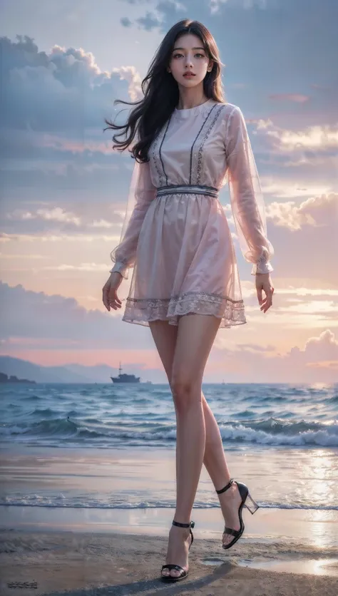 (best quality:1.4),(masterpiece:1.4),(photorealistic:1.4),(ultra high res, raw photo:1.4),(hdr, hyperdetailed:1.2),dress,pink,(transparent long sleeves:1.2),full body,black long hair,seaside,