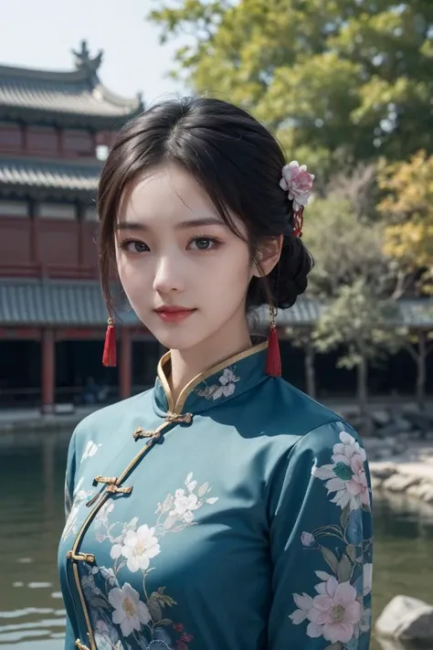 (best quality, masterpiece, 8K, ultra high res, realistic:1.3),(Beautiful and detailed face:1.2),(upper body:1.2),1girl,solo,looking at viewer,big eyes,small breasts,slim body,arms at sides,smile,(Extremely detailed chinese clothes:1.2),hairpin,architecture,east asian,riverside,forest,
