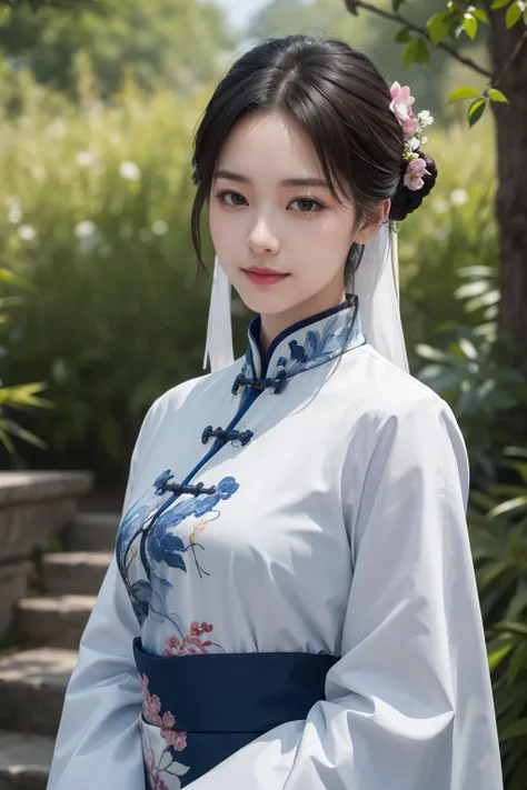 (best quality, masterpiece, 8K, ultra high res, realistic:1.3),(Beautiful and detailed face:1.2),(upper body:1.2),1girl,solo,looking at viewer,big eyes,small breasts,slim body,arms at sides,smile,(Extremely detailed chinese clothes:1.2),hairpin,architecture,east asian,riverside,forest,