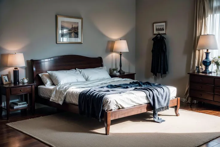 Channeling the precision of photography,envision a scene through a 35mm lens inspired by the masterworks of Ansel Adams. A bedroom,designed in Nayuta Nordic Modern Interior style,captures your attention. The bed,draped with elegance,lies under a lamp that casts realistic and photorealistic 1.37 shadows. The couch,adorned with pillows,sits beside a table with a vase and a blooming flower. Objects like a plant,a lush carpet,and a captivating painting object further enhance the room's charm. The chair stands as an invitation. The color temperature reflects early morning light. Soft radiosity imbues the scene with tranquility,the atmosphere echoing peace and quietude,<lora:add_detail:0.5>,<lora:more_details:0.5>,
