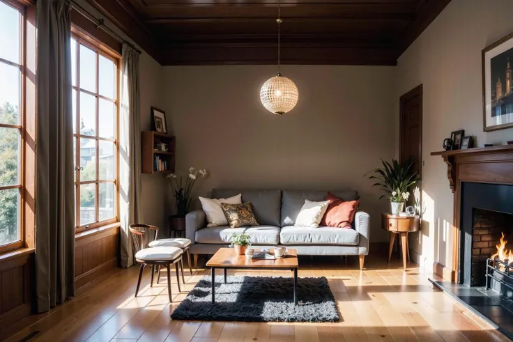 (best quality:1.4),(masterpiece:1.4),(photorealistic:1.4),(ultra high res, raw photo:1.4),(hdr, hyperdetailed:1.2),interior,a living room with a couch,chair,table and windows with curtains on them and a chandelier hanging from the ceiling,vray render,a digital rendering,photorealism,flower,indoors,tree,no humans,window,chair,table,plant,curtains,scenery,couch,wooden floor,vase,8k masterpiece wallpaper,a nexus of ultra-detail,high resolution,and impeccable shadow play. Rendered in digital illustration,it bears a semblance to the works of Yoko Honda. Set against the backdrop of a Nayuta Nordic Modern Interior Design room,the scene features a chair,a vase flaunting a white flower,a table,swaying curtains,a luxurious couch,a lamp placed near a window,a cup,a spread-out book,and a vibrant plant. The color temperature bathes the room in golden hues,adding to its charm. In the absence of humans,the setting resonates with profound stillness. Ray tracing,photon mapping,and radiosity merge seamlessly with professional lighting to create an ethereal atmosphere,