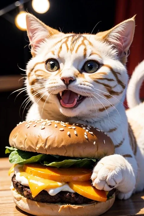 high-resolution,highly detailed,Food photography style cat,in a burger,fat,cute,happy,smile,animal,chibi,best quality,stage lights,professional,