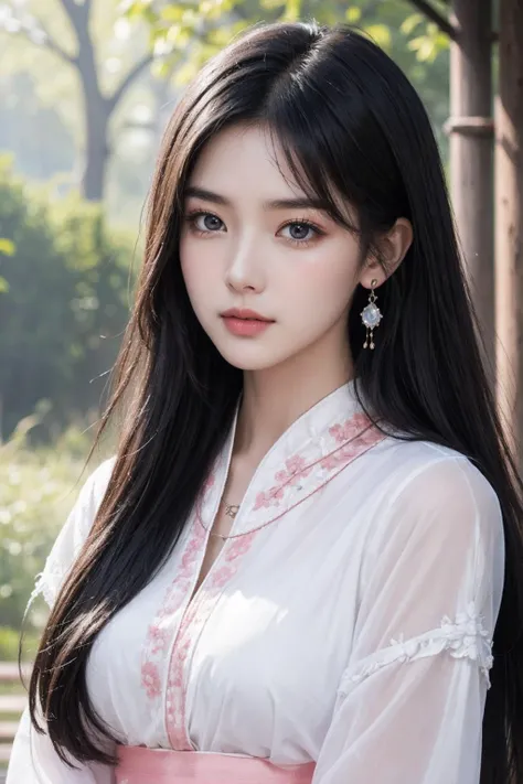 cinematic photo 1girl,brown eyes,(black long straight hair:1.2),(cowboy shot:1.2),looking at viewer,8k uhd,dslr,soft lighting,high quality,film overlay,film grain,Fujifilm XT3,outdoors,photorealistic,realistic,solo,upper body,richly defined face,dewy skin,products shot,(high detailed skin:1.2),detailed face and eyes,natural skin texture,highly detailed skin,textured skin,skin pores,imperfect skin,visible skin detail,detailed skin texture,dynamic pose,windy,young beauty,(hanfu,Extremely detailed pink chinese long embroidery silk robe),(transparent clothes:1.4),earrings,hairpin,necklace,architecture,east asian,riverside,forest,outdoors,sun light,