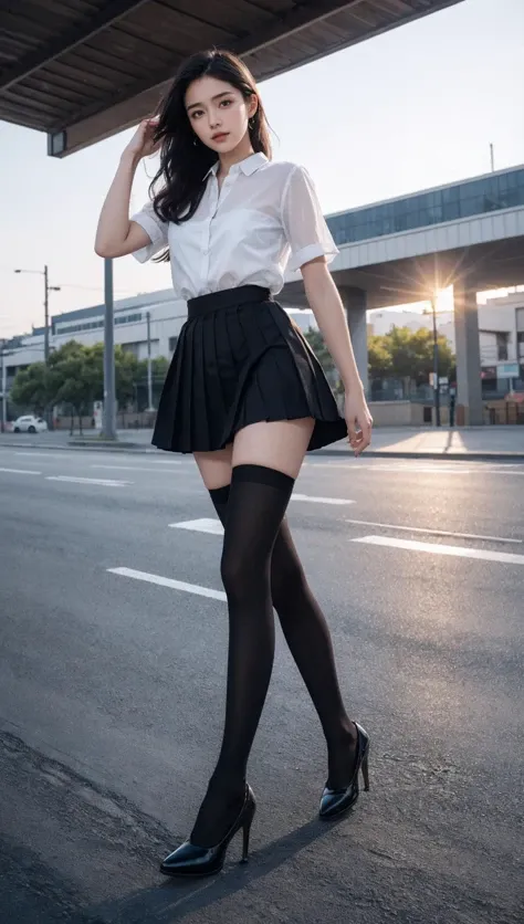cinematic photo 1girl,brown eyes,(black long straight hair:1.2),(full body:1.2),looking at viewer,8k uhd,dslr,soft lighting,high quality,film overlay,film grain,Fujifilm XT3,outdoors,photorealistic,realistic,solo,richly defined face,dewy skin,products shot,(high detailed skin:1.2),detailed face and eyes,natural skin texture,highly detailed skin,textured skin,skin pores,imperfect skin,visible skin detail,detailed skin texture,dynamic pose,windy,young beauty,(pleated skirt),(transparent stockings:1.4),(thigh high nylon stockings:1.2),high heel shoes,outdoors,sun light,