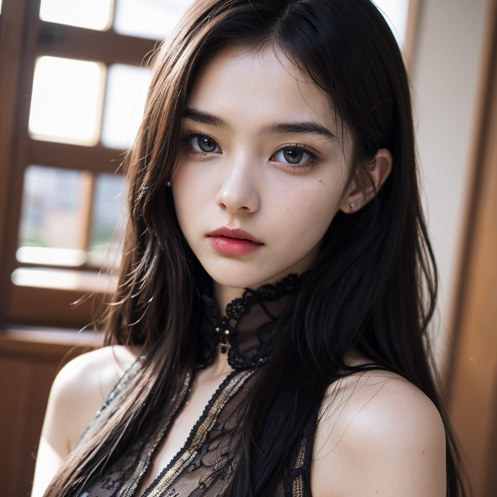 A close up of a woman with long hair wearing a black dress - SeaArt AI