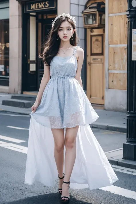 (full body,porcelain doll,sharp focus:1.2),(best quality,4k,highres),(long curly hair:1.1,beautiful detailed eyes,beautiful detailed lips:1.1),(professional,professional lighting,ultra-detailed),(realistic,photo-realistic:1.37),gorgeous skin color,sparkling earrings,stylish dress,fashionable handbag,confident pose,scenic background,vivid colors,bright lighting