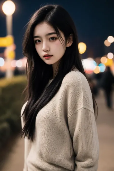 polaroid photo,night photo,photo of 18 y.o beautiful woman,pale skin,bokeh,sweater,<lora:20230614004406:0.5>,