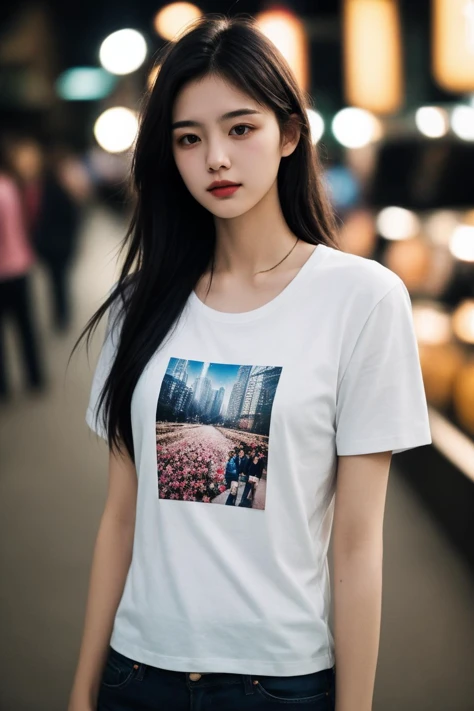 polaroid photo,night photo,photo of 18 y.o beautiful woman,pale skin,bokeh,t-shirt,<lora:20230614004406:0.5>,