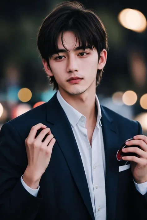 polaroid photo,night photo,photo of 18 y.o beautiful man,bokeh,blazer,