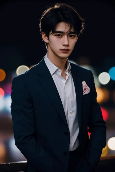 polaroid photo,night photo,photo of 18 y.o beautiful man,bokeh,blazer,