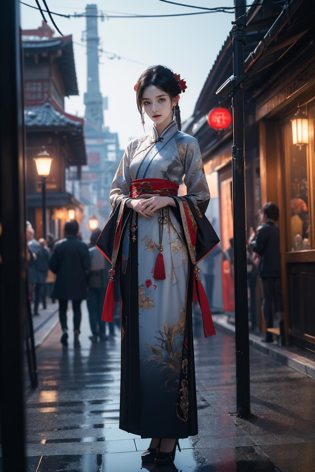 A woman in a kimono standing on a street corner - SeaArt AI