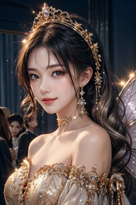 1girl,(bright red lips,blush,powder blusher:0.5),eyelash,black hair,(half updo:0.3),messy hair,make up,beautifully detailed big round dark brown eyes,double eyelid,supermodel,detailed skin,(smile,parted lips),looking at viewer,
huge breasts,off shoulder,(cowboy shot,),choker,
(((gold, silver, glimmer)), faerie),limited palette,contrast,phenomenal aesthetic,best quality,sumptuous artwork,
<lora:cumbersome-block:0.8:lbw=NOFACE>,
masterpiece,best quality,high quality,highres,natural light,ray tracing,volumetric light,realistic,photorealistic,ultra highres,vivid,<lora:add_detail:0.6>,<lora:epi_noiseoffset2:1>,