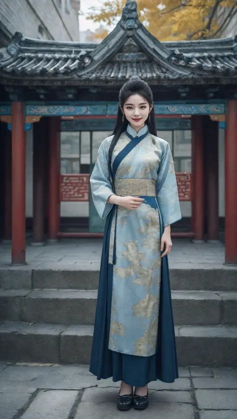 (best quality, masterpiece, 8K, ultra high res, realistic:1.3),(Beautiful and detailed face:1.2),(full body:1.2),1girl,solo,looking at viewer,arms at sides,smile,(Extremely detailed chinese clothes:1.2),architecture,east asian,riverside,forest,<lora:36é£é±¼_0.9 _æè£
:0.6>,