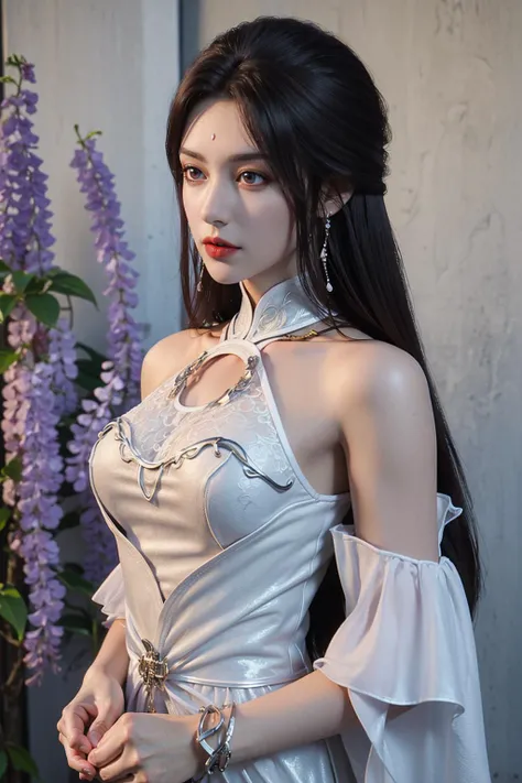 (8k, RAW photo:1.2),best quality,ultra high res,(masterpiece, best quality:1.2),front view,shukezouma,negative space,shuimobysim,cinematic photo portrait of a woman standing,((upper body)),breasts,long hair,(forehead mark:1.2),jewelry,see-through,metal trim,revealing clothes,medium breasts,standing,earrings,dress,bra,flower,bare shoulders,no panties,(hair ornament:1.2),looking at viewer,nipples,brown hair,white dress,brown eyes,detached sleeves,wisteria,side slit,bare legs,pelvic curtain,color Ink wash painting,Beautiful face,<lora:SkinTexture_B:1>,<lora:å®ç¾ä¸çæå©µä»å_v1.0:0.6>,