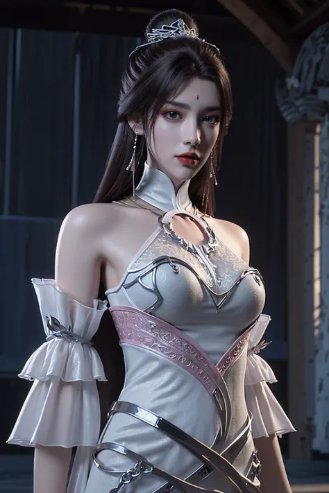 a close up of a woman in a red dress with long hair, beautiful alluring anime woman, a beautiful fantasy empress, inspired by Du Qiong, seductive tifa lockhart portrait, ((a beautiful fantasy empress)), seductive anime girl, beautiful anime woman, glamorous tifa lockheart, beautiful avatar pictures, mai shiranui, lady in pink armor, tifa, (lingerie:1.2), photo realistic, upon_body, tyndall effect, photorealistic, dark studio, rim lighting, two tone lighting, (high detailed skin:1.2), 8k uhd, dslr, soft lighting, high quality, volumetric lighting, candid, Photograph, high resolution, 4k, 8k, Bokeh, breast out, (nude:0.9), (purple eyes color),