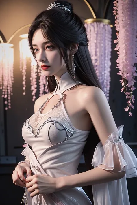 (8k, RAW photo:1.2),best quality,ultra high res,(masterpiece, best quality:1.2),front view,shukezouma,negative space,shuimobysim,cinematic photo portrait of a woman standing,((upper body)),breasts,long hair,(forehead mark:1.2),jewelry,see-through,metal trim,revealing clothes,medium breasts,standing,earrings,dress,bra,flower,bare shoulders,no panties,(hair ornament:1.2),looking at viewer,nipples,brown hair,pink dress,brown eyes,detached sleeves,wisteria,side slit,bare legs,pelvic curtain,color Ink wash painting,Beautiful face,<lora:SkinTexture_B:1>,<lora:å®ç¾ä¸çæå©µä»å_v1.0:0.6>,
