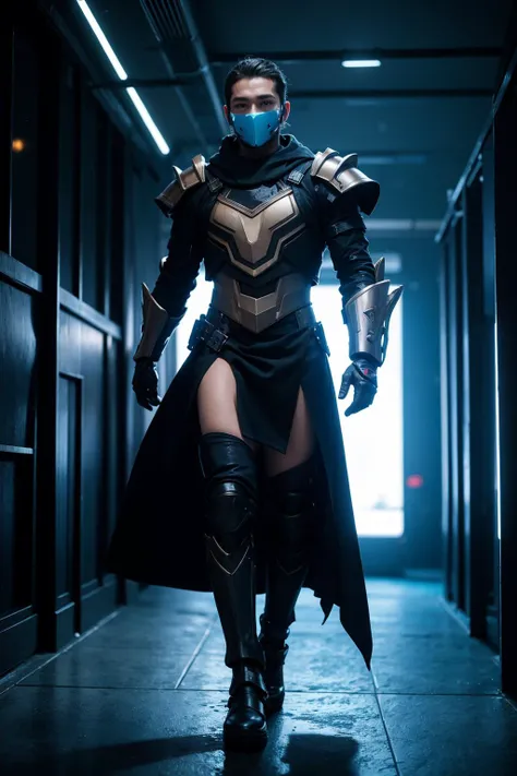 1man,armor,cyberpunk,future,blue glowing armor,full body,Glowing cloak,