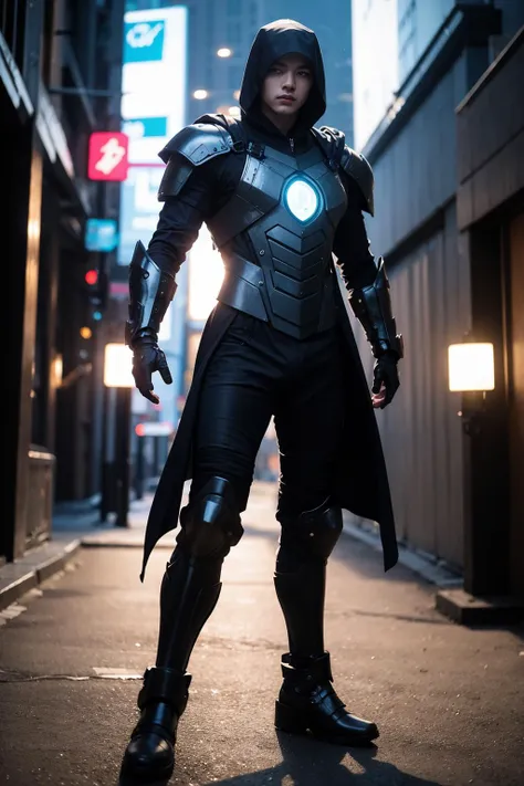 1man,armor,cyberpunk,future,blue glowing armor,full body,Glowing cloak,