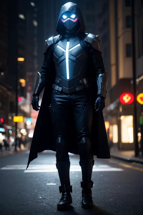 1man,armor,cyberpunk,future,blue glowing armor,full body,Glowing cloak,