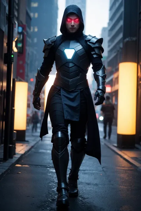 1man,armor,cyberpunk,future,blue glowing armor,full body,Glowing cloak,