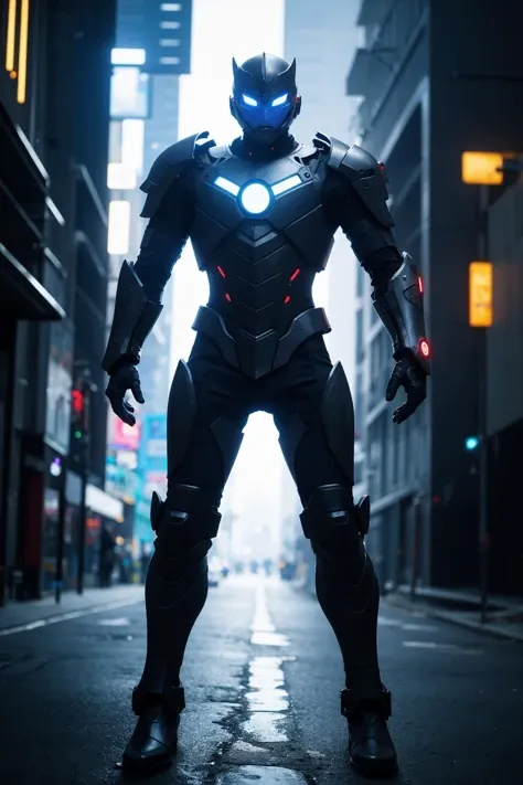 futuristic man with futuristic gear, futuristic neon city background, hyper realistic style
