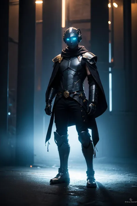 1man,armor,cyberpunk,future,blue glowing armor,full body,Glowing cloak,