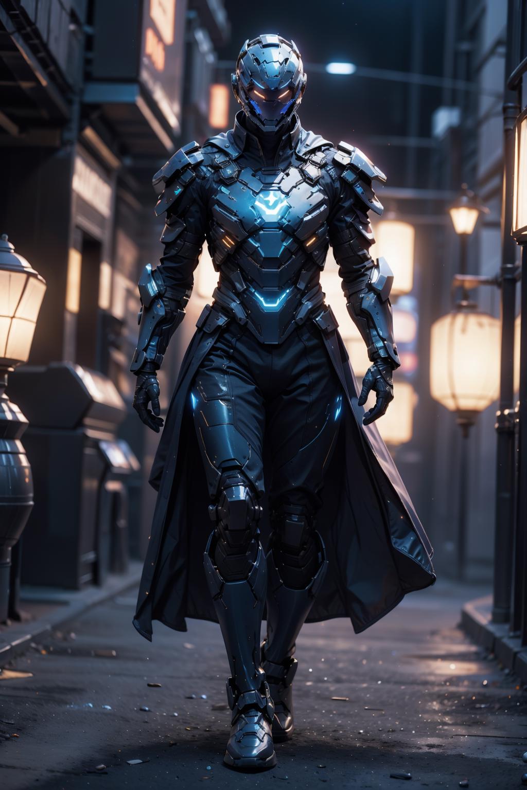 A man in a futuristic suit walking down a street - SeaArt AI