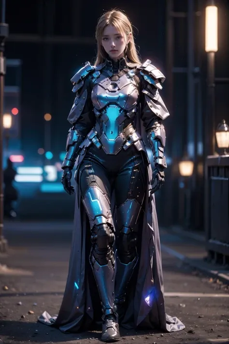 1woman,armor,blue glowing armor,full body,Glowing cloak,<lora:AgainMix_v1.4Cyber:1>,