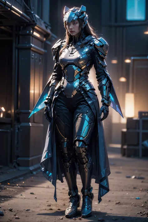 1woman,armor,blue glowing armor,full body,Glowing cloak,<lora:AgainMix_v1.4Cyber:1>,