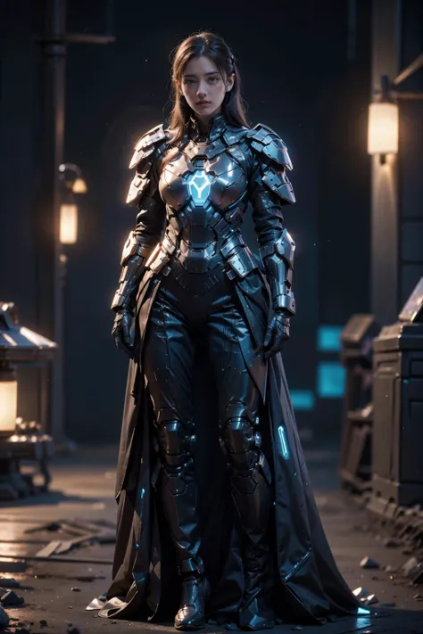 1woman,armor,blue glowing armor,full body,Glowing cloak,<lora:AgainMix_v1.4Cyber:1>,