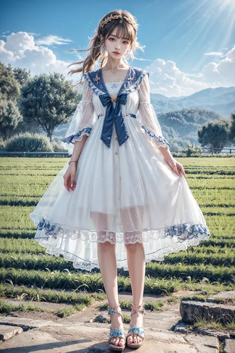 A woman wearing a light blue knee-length floral summer dress, elegant, Cute face, Flat Heel Shoes, , Adult face, Slightly wavy hair, ((Black Hair)) Sparkling, bright black eyes, Slim frame, Larger breast size, Long legs, Soft pink lips, Black Hair、Long Hair, british woman、Second dimension beautiful girl、Sexy look、smile、Perfect proportions、The cutest in the world