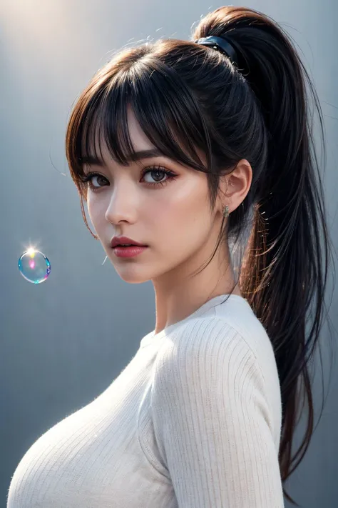 (ultra realistic,32k, masterpiece:1.2),(high detailed skin:1.1),( 8k uhd, dslr, high quality:1.1),
 1girl, black hair, bangs andy ponytail, Bubble Textured Crew Neck Midi Dress, , <lora:add_detail:0.97>, (red lips:0.8), (mascara:1.1),huge breast,
(looking at viewer, portrait:1.1),
,(backlight:1.1),blank background
