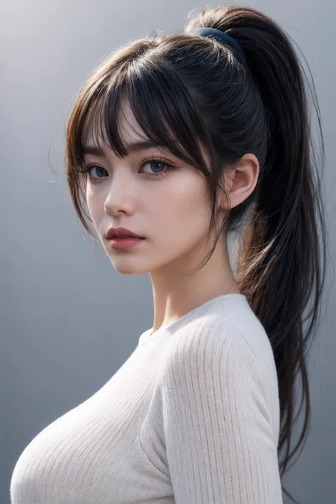 (ultra realistic,32k, masterpiece:1.2),(high detailed skin:1.1),( 8k uhd, dslr, high quality:1.1),
1girl,black hair,bangs andy ponytail,Bubble Textured Crew Neck Midi Dress,<lora:add_detail:0.97>,(red lips:0.8),(mascara:1.1),huge breast,
(looking at viewer, portrait:1.1),
(backlight:1.1),blank background,