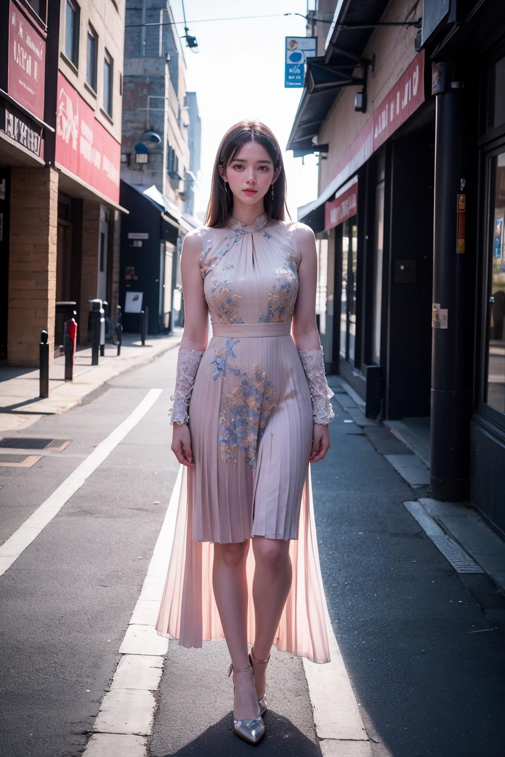 A woman in a dress is standing on a city street - SeaArt AI