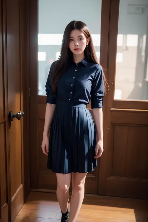 (best quality:1.4),(masterpiece:1.4),(photorealistic:1.4),(Realistic:1.2),(ultra high res, raw photo:1.4),(hdr, hyperdetailed:1.2),(8K:1.2),cinematic photo 1girl,(long straight hair:1.2),full body,standing,(collared shirt:1.4),(pleated dress:1.2),<lora:Again_Girl_A10:1>,