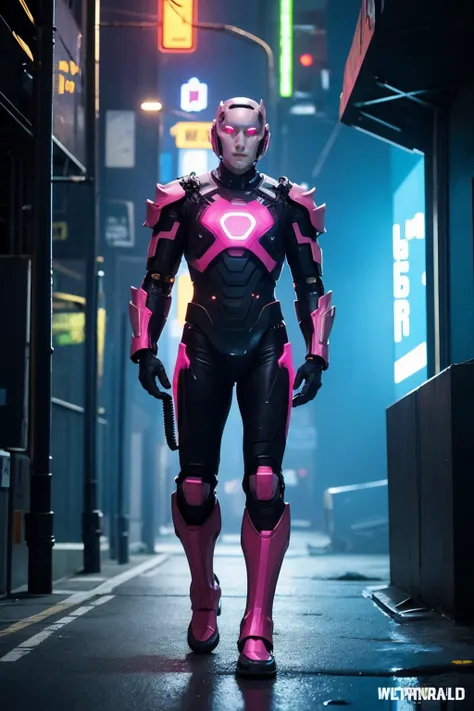 (masterpiece, top quality, best quality, official art, beautiful and aesthetic:1.2),(CyberpunkWorld man:1.2),(full body:1.2),(glowing armor:1.2),(cyberpunk:1.2),(CyberpunkWorld:1.3),neon,Neon Babe,Neon Babe style armor,(glowing armor:1.2),robotic suit,jetpack,<lora:AgainMixCyberLora_v2A:1>,