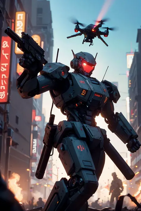 Photo of battlesuit,mecha,holding gun,firing,one-eyed,(man:1.2),ascended,epic,red body,scartches,red colorway,shoulder cannon,arm cannon,gattling gun,damaged,huge gun,tau,fire warrior,soldiers in the background,army,battle,in the middle of siege,heavy explosion,gun drone,<lora:AgainMixCyberLora_v2A:1>,