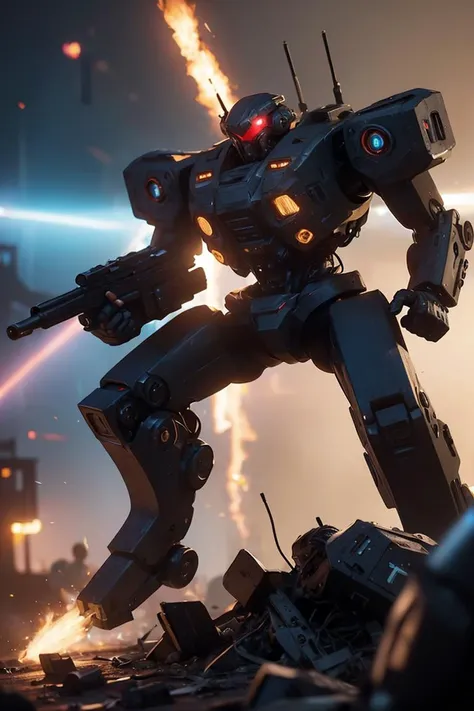 Photo of battlesuit,mecha,holding gun,firing,one-eyed,(man:1.2),ascended,epic,red body,scartches,red colorway,shoulder cannon,arm cannon,gattling gun,damaged,huge gun,tau,fire warrior,soldiers in the background,army,battle,in the middle of siege,heavy explosion,gun drone,<lora:AgainMixCyberLora_v2A:1>,