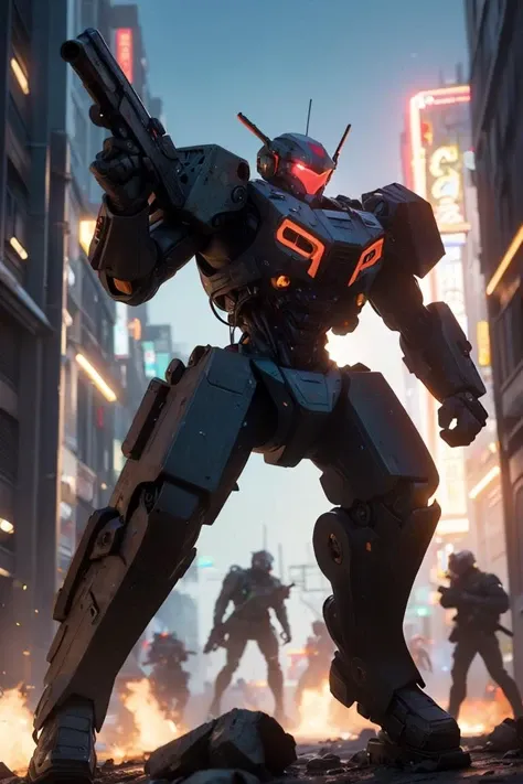 Photo of battlesuit,mecha,holding gun,firing,one-eyed,(man:1.2),ascended,epic,red body,scartches,red colorway,shoulder cannon,arm cannon,gattling gun,damaged,huge gun,tau,fire warrior,soldiers in the background,army,battle,in the middle of siege,heavy explosion,gun drone,<lora:AgainMixCyberLora_v2A:1>,