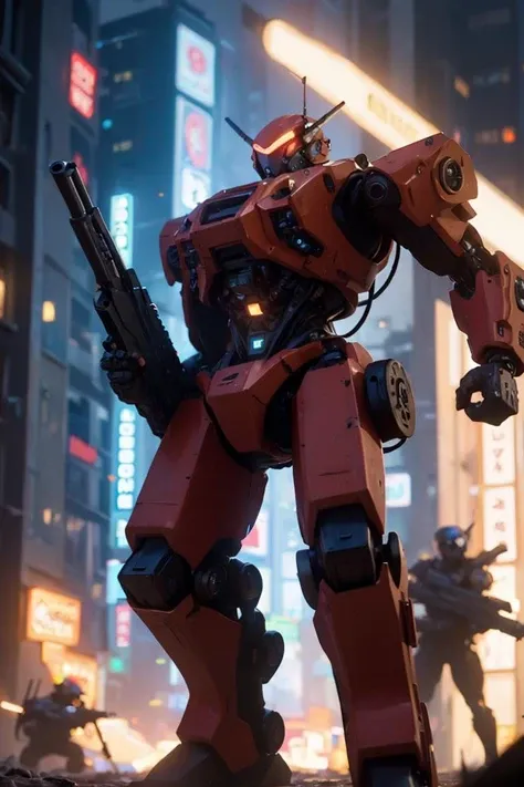 Photo of battlesuit,mecha,holding gun,firing,one-eyed,(man:1.2),ascended,epic,red body,scartches,red colorway,shoulder cannon,arm cannon,gattling gun,damaged,huge gun,tau,fire warrior,soldiers in the background,army,battle,in the middle of siege,heavy explosion,gun drone,<lora:AgainMixCyberLora_v2A:1>,