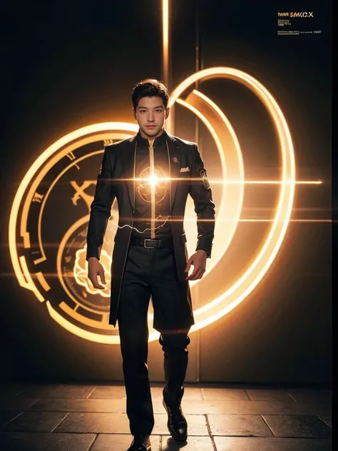 (masterpiece),(high resolution),ultra detailed,highres,(illustration),oil painting,(((Themes of time loops or temporal paradoxes.))),((cover of science fiction novel)),sf movie poster,fantasy,illustration of science fiction theme,(fullbody body shot),full body pose,Breathtaking,Mustard yellow Light,
