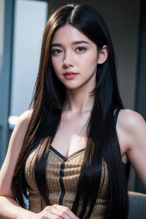 ,1girl40 years old,long oval face,wide forehead,long straight hair,curved eyebrows,medium eyes,long wide nose,thick lips,round chin, ,solo,highres,realistic,cowboy_shot,front view,looking_at_viewer,brown and black closed dress ,