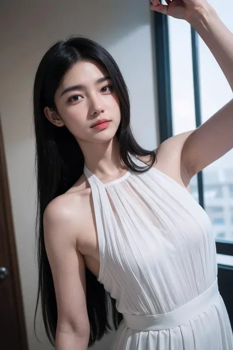 Fashion model 18 years old， [[[[closeup cleavage]]]], [[[[boobgasm]]]], [[[[coll]]]], [[[[bshoulders]]]], perfect  eyes, Perfect iris，perfect lips，perfect teeth，Perfect Skin，with fair skin，slender nose，HighDynamicRange，Movie Girl，(s delicate face)，(Highly defined faces)，delicated face，(white wedding gown)，(Raised sexy)，inside in room，Green trees outside the window，fresh flowers，4K Ultra HD, Ultra-high resolution, (realisticlying: 1.4), Best quality at best，tmasterpiece，（pastel colour：1.2）