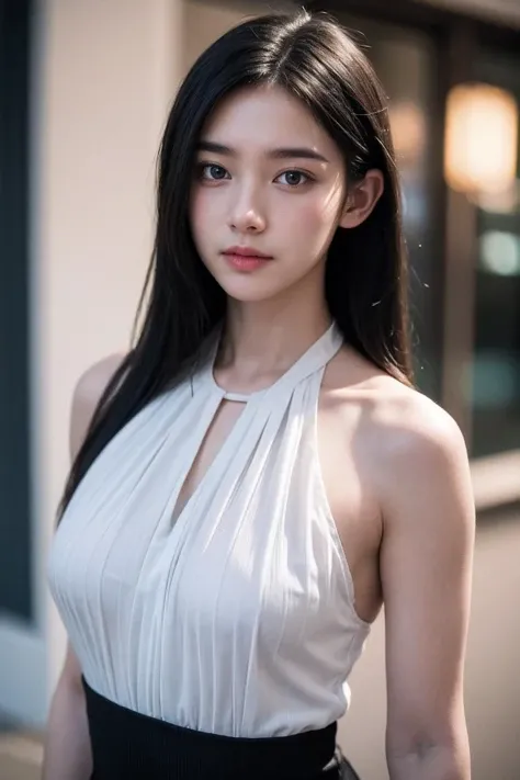 (photorealistic:1.4),(Realistic:1.2),(ultra high res, raw photo:1.4),(hdr, hyperdetailed:1.2),(8K:1.2),cinematic photo 1girl,(black long straight hair:1.2),standing,(close up:1.2),(white halter neck see-through pleated dress:1.2),